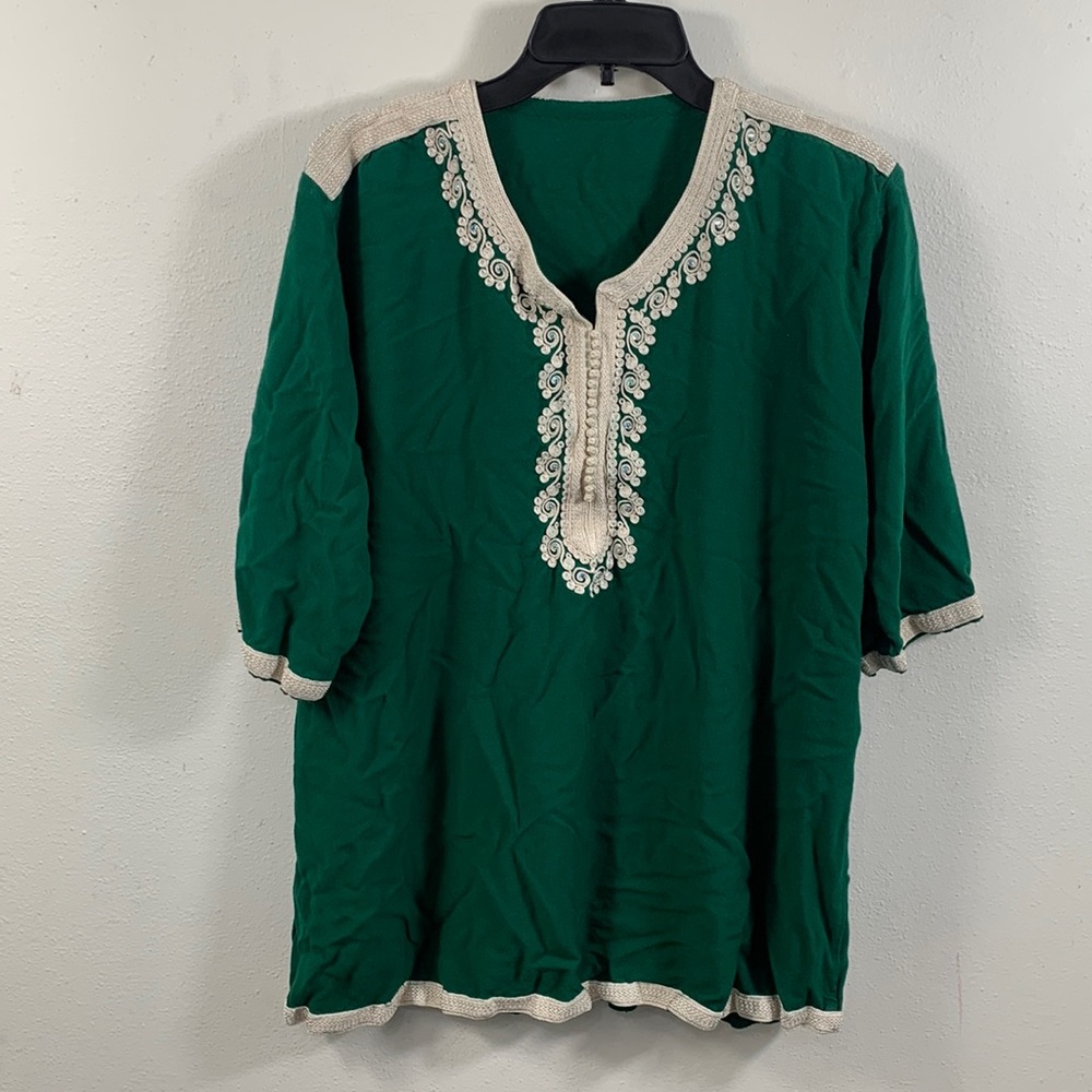 Moroccan Tunic Top Womens OS Dark Green Stitching Beads 3/4 Sleeve Traditional